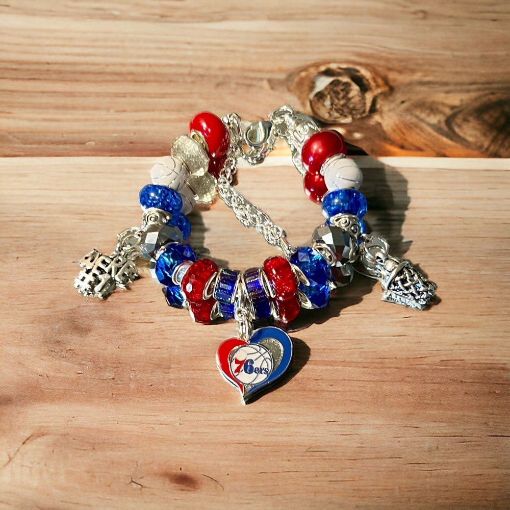 Red & Blue Heart Charm Beaded Bracelet - Women Jewelry